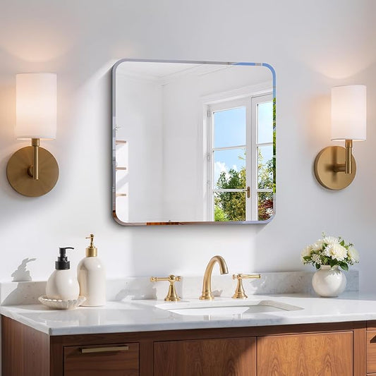 CILIBER Beveled Frameless Mirror, 18x18 Square Bathroom Mirror Rounded Corner, 18 inch Frameless Vanity Mirror, Shatterproof Lightweight Design Wall Mirror for Bedroom Living Room Entryway