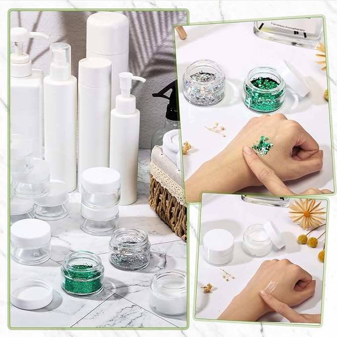 Domensi 100 Pcs 1 oz Glass Jars with Lids Bulk Round Glass Cosmetic Jars for DIY Lip Balm Small Travel Containers with Inner Liner for Lotions Powders Ointments Sample Cream(Clear, White)