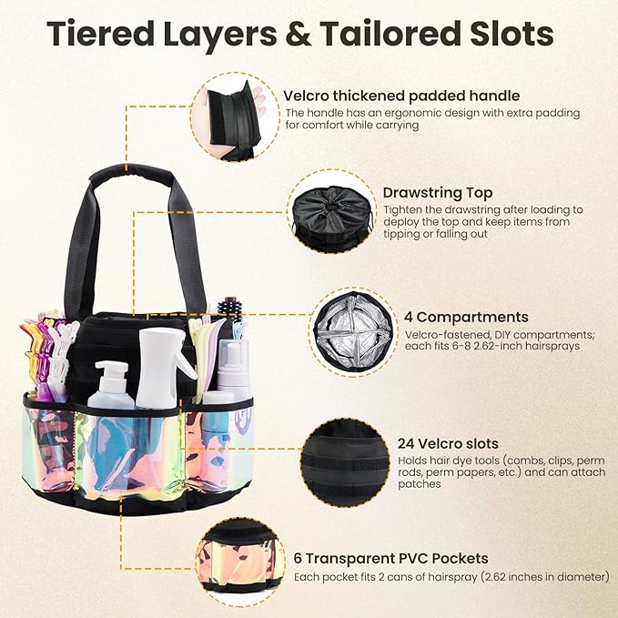 Hairstylist Travel Bag, with Dust Cover, 11L Large Capacity, Heat-Resistant Interior, Iridescent Pockets, DIY Velcro Straps, Top Drawstring, Bathroom Cleaning/Pet Grooming Supplies Organizer