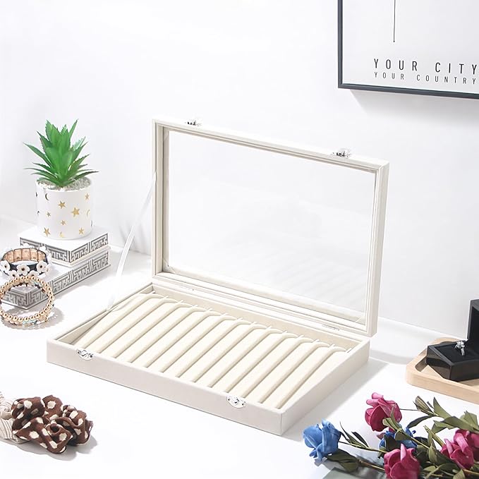 14 Hooks Necklace Storage Tray, Velvet Neckalce Organizer Box with Clear Lid, Pendant Chain Necklace Jewelry Organizer Drawer Tray for Women Girls (Beige)