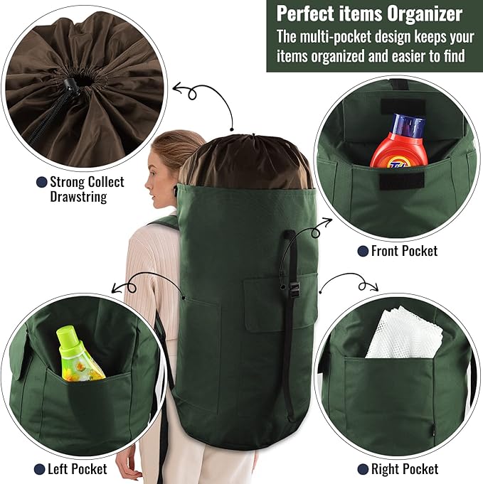 Laundry Bag Backpack, 125L Extra Large Laundry Backpack with Shoulder Straps, Adjustable Extendable Laundry Hamper Bag with 3 Pockets for College, Travel, Camping (Army Green)