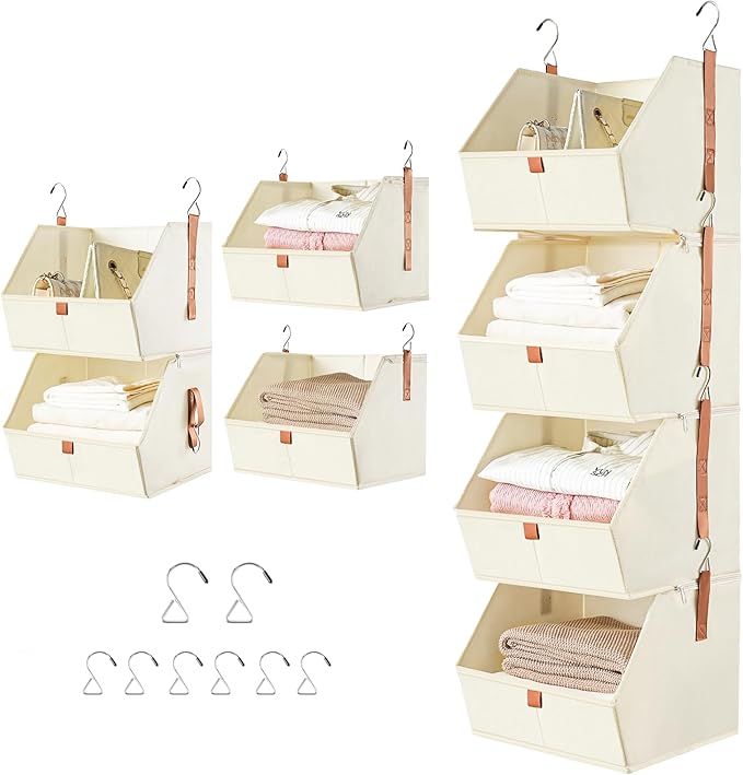 4 Tier Hanging Closet Organizer,Disassemblable Clothes Hanging Shelves,Fabric Closet Organizer System for Space-Saving,Foldable Storage Basket for Bedroom, Rv (1 Pack,Beige)