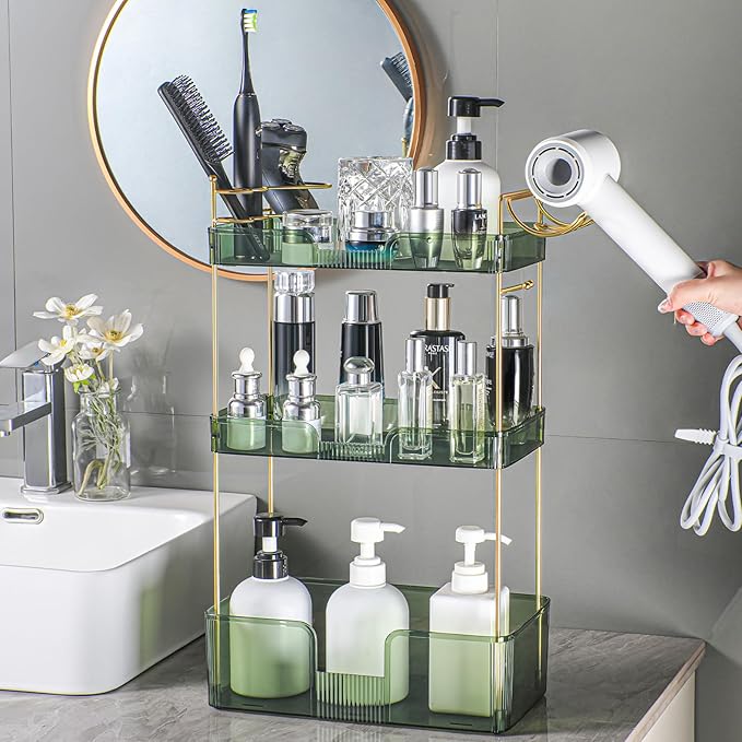 3 Tier Bathroom Organizer Countertop Makeup Perfume Tray Skincare Organizer Comes with Hair Dryer Rack and Toothbrush Holder for Bathroom Dresser Vanity (Green)