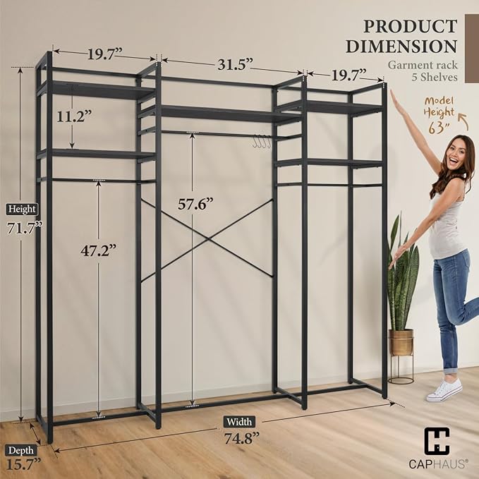 CAPHAUS 913lbs Capacity Garment Rack for Hanging Clothes, Heavy Duty Open Wardrobe w/Hanging Rods, Free Standing Closet Organizer, Clothing Rack, Metal Closet w/Wooden Boards, Black Vintage Board