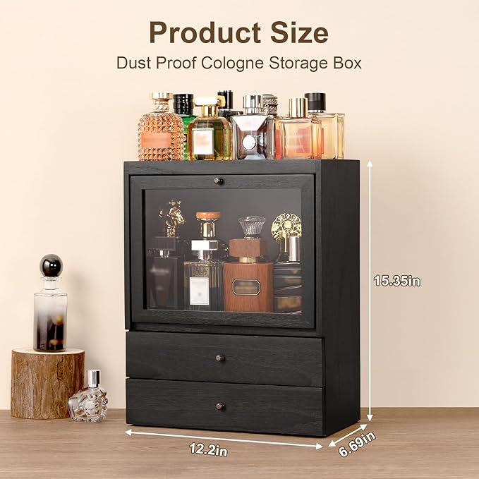 Emfogo Cologne Organizer, 4 Tier Vertical Wood Perfume Stand for Men, Large Capacity Dustproof Perfumes Organizer Cologne Stand with Double Drawer Storage, Gift for Loved ones (Black)