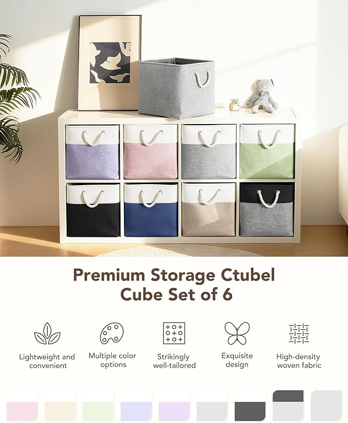 13x15x13 Storage Cube Bins, Heavy Duty Foldable Fabric Storage Bins with Handles and Metal Frame, 6 Pack Large Closet Organizer Bins for Clothes, Socks, Towels, White Khaki