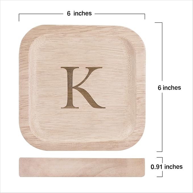 I'm Wooden Personalized Letter Catchall Valet Tray Trinket Dish Jewelry Tray Key Bowl Decorative Plate Organizing Ring Earrings Necklaces Bracelet Watch Coins Wallet Holder (6"x6" Sq Natural K)