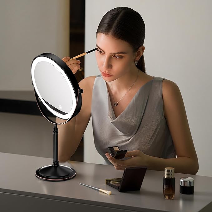 Nicesail Rechargeable Makeup Mirror with Lights and Magnification 10X, 3 Color LED Lights, Cordless Lighted Vanity Desk Mirror with Lights, Light up Magnifying Tabletop 360 Rotation Oil Rubbed Bronze