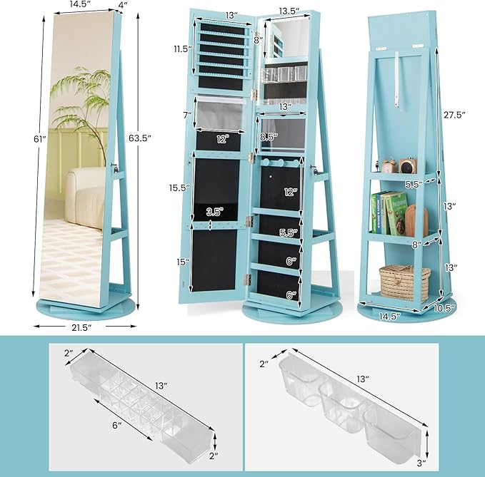 GOFLAME 360° Rotating Jewelry Cabinet with Full-Length Mirror, Freestanding Jewelry Armoire with 3-Color LED Light and Back Storage Shelf, Lockable Jewelry Organizer for Bedroom Cloakroom, Sky Blue