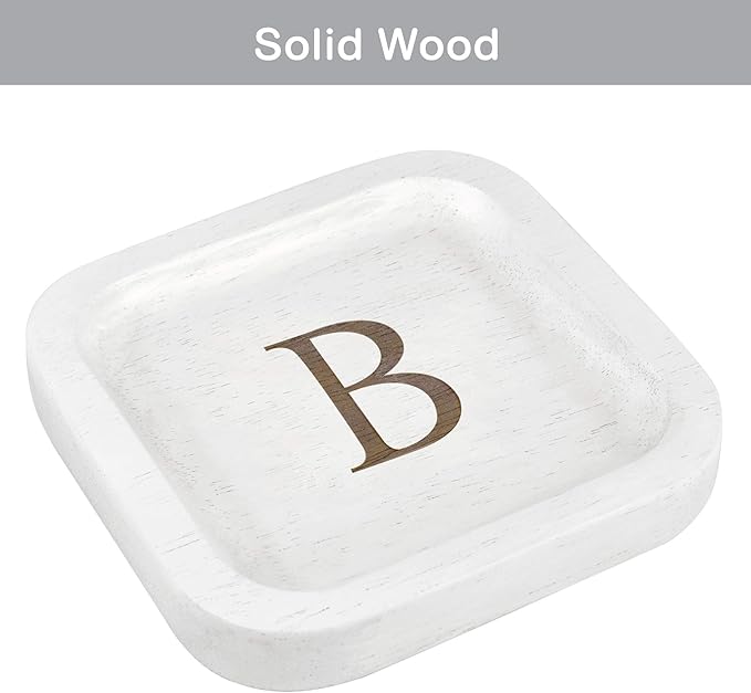 I'm Wooden Personalized Letter Catchall Valet Tray Trinket Dish Jewelry Tray Key Bowl Decorative Plate Organizing Ring Earrings Necklaces Bracelet Watch Coins Wallet Holder(6"x6" Sq White B)