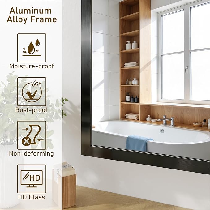 Koonmi Bathroom Mirror for Wall, 24"x36" Black Bathroom Mirror for Over Sink, Shatterproof Tempered Glass Vanity Mirror with Anti-Rust Aluminum Alloy Frame, Hang Horizontally or Vertically