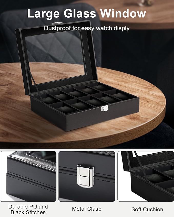 Uten Watch Box 10 Slots, Watch Box for Men, Watch Display Case, Watch Storage Box with Removable Cushion, Metal Clasp, PU Leather, Black