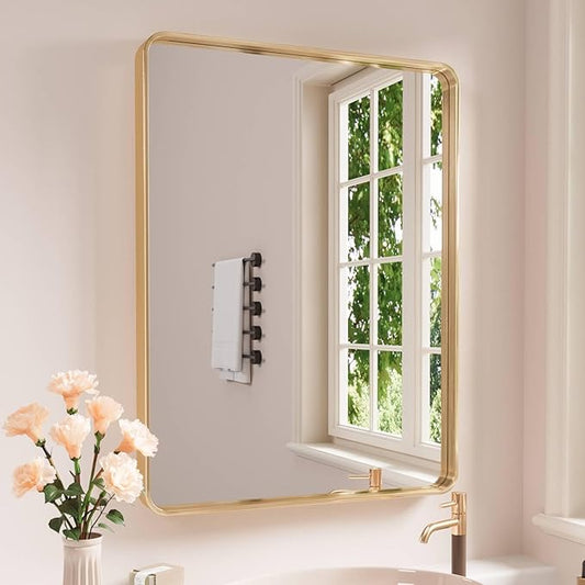 Gold Bathroom Mirror, 20x30 Inch Brushed Gold Metal Frame Mirror for Wall, Rounded Rectangle Bathroom Vanity Mirror, Tempered Glass, Anti-Rust, Horizontal/Vertical
