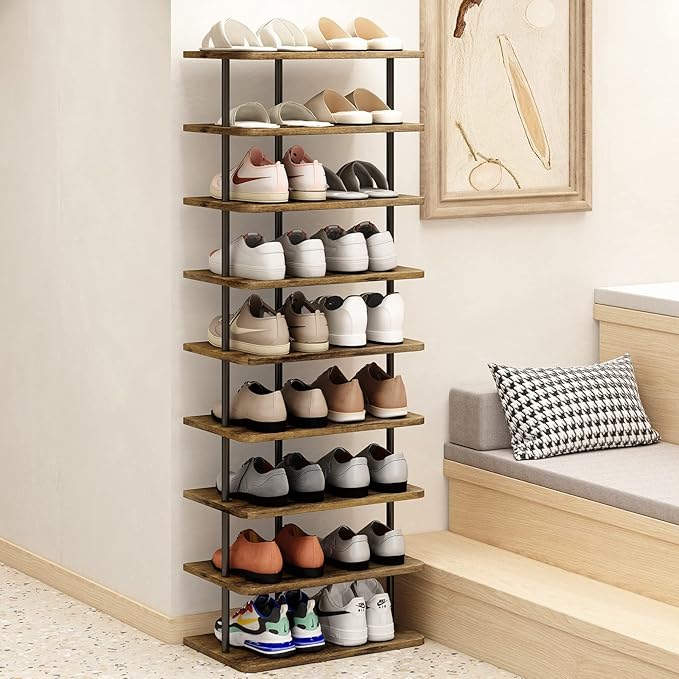 AZERPIAN Shoe Rack 9 Tier Vertical Storage Organizer Double Row Narrow Metal Slim Shelf Modern Free Standing Shoe Tower Saving Space for Closet Entryway Bedroom,Black+Rustic Brown