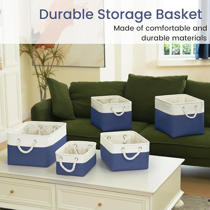 Large Storage Baskets- 16x12x12 inch Storage Bins for Shelves and Closet Organizing, Foldable Fabric Bin for Home Organization Clothes and Laundry (3-Pack, White&Blue)