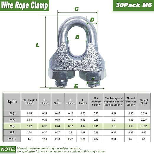 30PCS 1/4" Galvanized Zinc-Plated Wire Rope Cable Clamp Clips, M6 Wire Cable Clampswith U-Bolt Saddle Fasteners for Secure Rigging & Marine Use