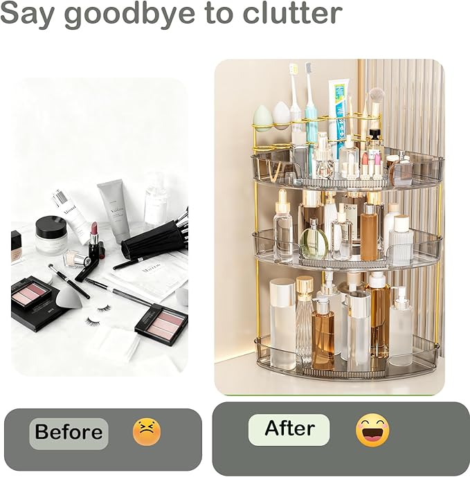 FELIZHOUSE 3-Tier Makeup Organizer for Vanity & Bathroom Countertop – Acrylic Storage Shelf with Perfume Tray & Makeup Brush Holder, Tool-Free Installation, Design for Bathroom & Dresser - Grey