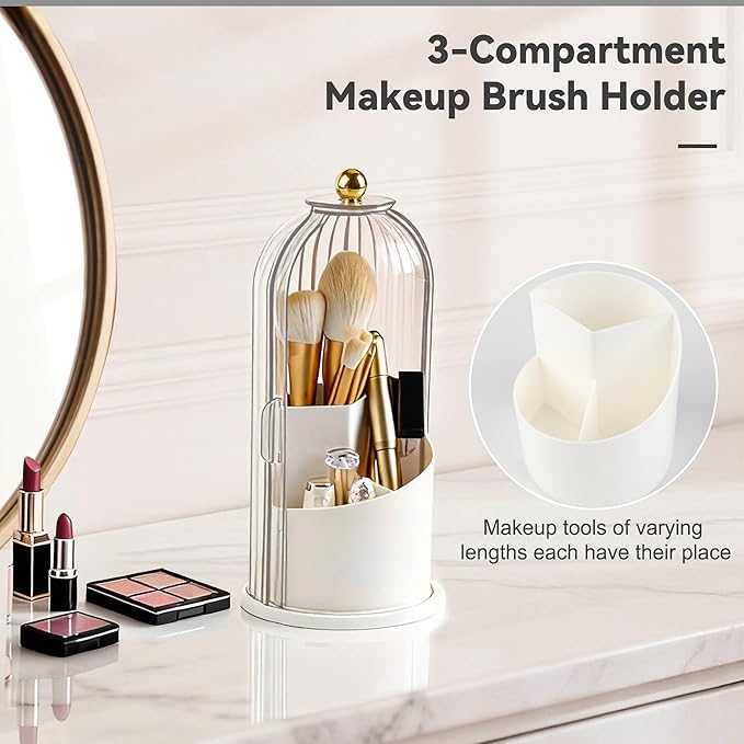 360° Rotating Makeup Brush Holder with Lid, Waterproof Three-Compartment Makeup Organizer, 180° Side-Pull Door Desk Organizer, Dustproof Brush Holder for Vanity and Bathroom (Transparent)
