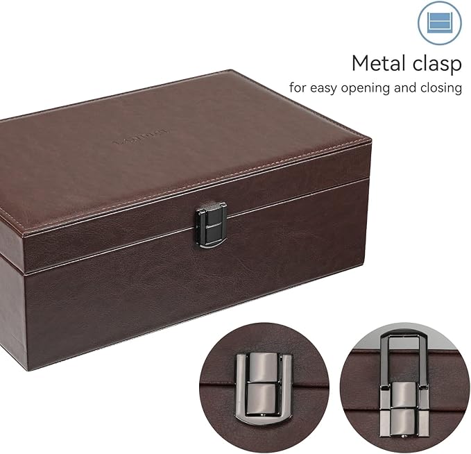 LANDICI Jewelry Box Organizer for Men Women, 2 Layer 4 Slot Watch Storage Case with Removable Tray, PU Leather Large Jewellery Holder Display for Watches Sunglasses Rings Earrings Necklace, Coffee
