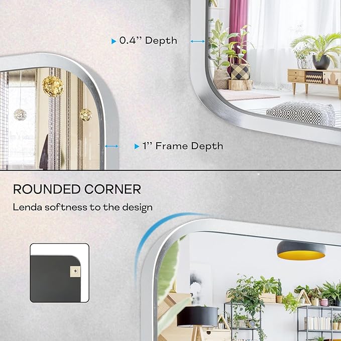 Brushed Nickel Bathroom Wall Mirror, Silver Metal Framed Large Rounded Corner Rectangle Mirror, Tempered Glass, Shatter Proof, Hangs Horizontally or Vertically (28" x 60", Silver)