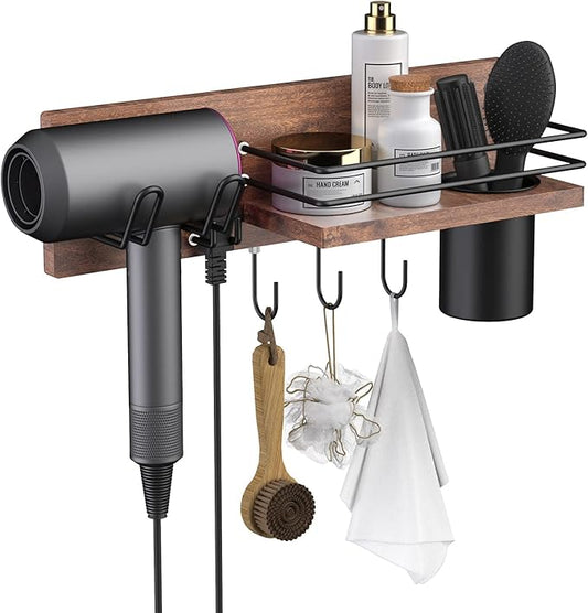 Wooden Hair Dryer Holder Wall Mounted, Bathroom Hair Tool Organizer, Blow Dryer Holder Shelf, Curling Iron and Hair Styling Tools Organizer