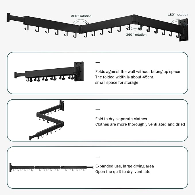 Drying Rack Clothing,Clothes Drying Rack Wall Mounted,Collapsible Hanging Racks for Laundry,Laundry Drying Rack,Wall Mounted Clothes Rack(31.5"-White) (Black-Hooks, Tri-Fold)