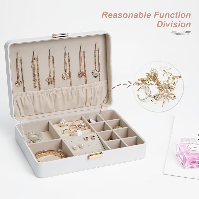 Secure Jewelry Organizer Box with Lock Compact Single Layer Storage for Travel & Home Holds Rings, Earrings, Pendants White