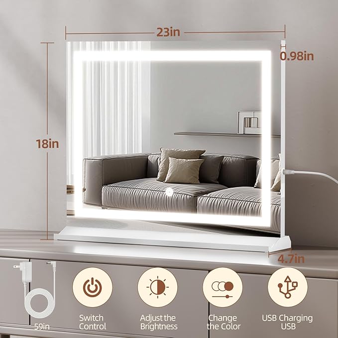 Vanity Mirror with Lights, 23"x 18" Makeup Mirror with 3 Color Modes 5X Magnification & USB/Type-C Charging Port, Large LED Mirror for Bedroom Tabletop & Wall Mounted