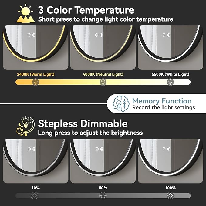 Led Bathroom Mirror with Lights, 24'' x 40'' Oval Heavy Duty Aluminum Frame Bathroom Vanity Mirror with Lights, 3 Colors, Brightness Stepless Dimmable, Anti-Fog, Memory Function, Single LED Black