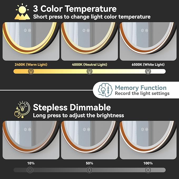 Led Bathroom Mirror with Lights, 30'' Round Heavy Duty Aluminum Frame Bathroom Vanity Mirror with Lights, 3 Colors, Brightness Stepless Dimmable, Anti-Fog, Memory Function, Double LED Orange