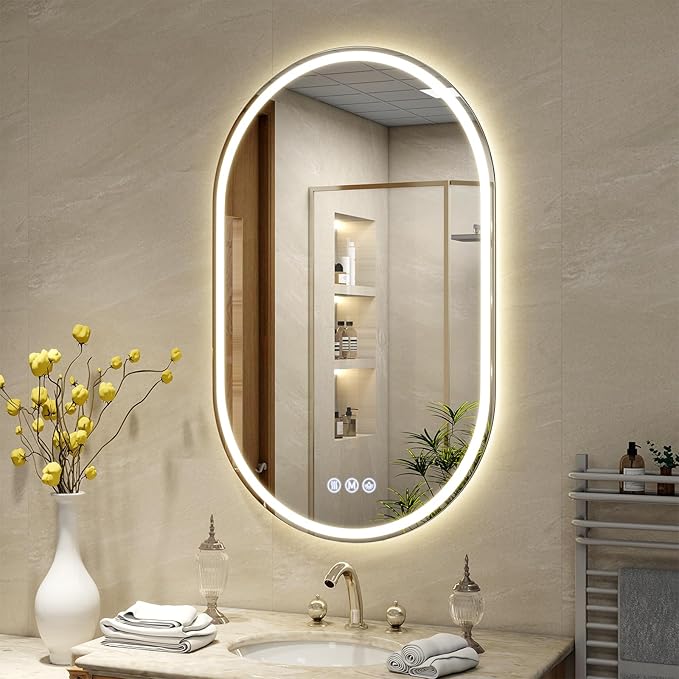 BEAUTYPEAK 36x24 LED Oval Bathroom Mirror with Lights, Anti-Fog, Dimmable, Backlit + Front Lit, Lighted Bathroom Vanity Mirror for Wall, 3 Colors, Memory Function, Tempered Glass, Shatter-Proof