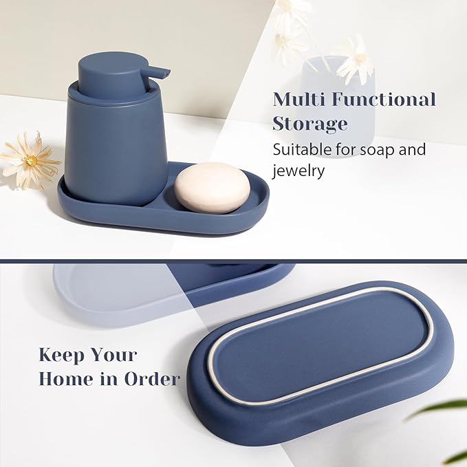 INGOFIN 3 Pcs Ceramic Bathroom Accessory Set - Liquid Soap Dispenser, Toothbrush Holder & Tray, Bathroom Counter Set, Countertop Essentials for Home, Guest Bathroom, or Office Use, Matte Blue
