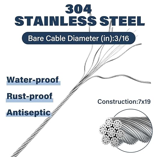 3/16 Wire Rope, 50ft Stainless Steel Cable with Wire Rope Clamps & Thimble, 3700lbs Breaking Strength, 7X19 Strands Aircraft Cable for Zipline, Deck Railing, Clothesline