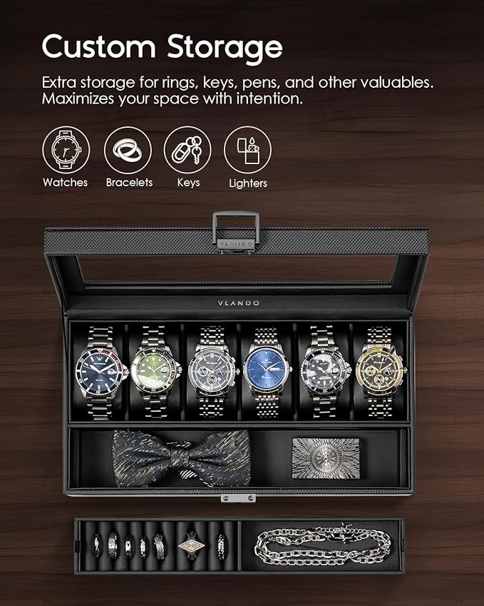 Vlando 6-Slot Watch Case for Men, Watch Box with Glass Lid, Storage for Rings, Keys, Business Textured Leather Organizer Display Case, Soft Pillow, Gifts for Fathers, Dad, Husband - Black
