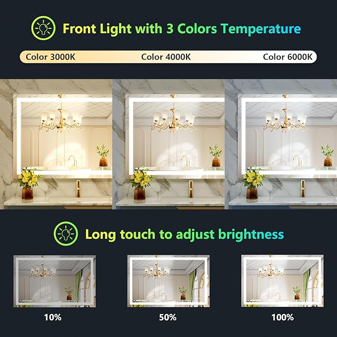44x36 Inch RGB LED Bathroom Mirror Front Lit and RGB Backlit Lighted Vanity Mirror for Bathroom Wall Dimmable Anti Fog Memory Shatter-Proof IP54 Waterproof Horizontal/Vertical