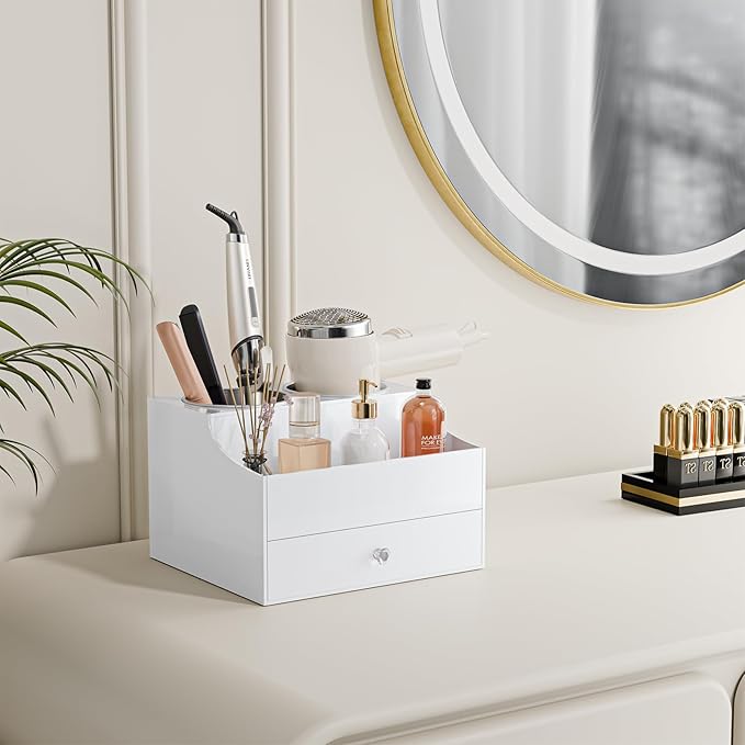 Hair Tool Organizer, Acrylic Hair Blow Dryer Holder Stand with Drawer for Straightener and Curling Storage, Bathroom Vanity Countertop Organization for Makeup Accessories - White