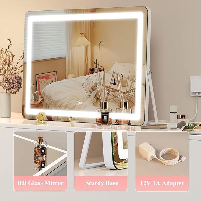 Ligheted Vanity Mirror with Lights, 14" x 12" LED Makeup Mirror, Hollywood Mirror,3 Modes Light, Smart Touch Control Dimmable, 360°Rotation, Rectangle Gold Frame