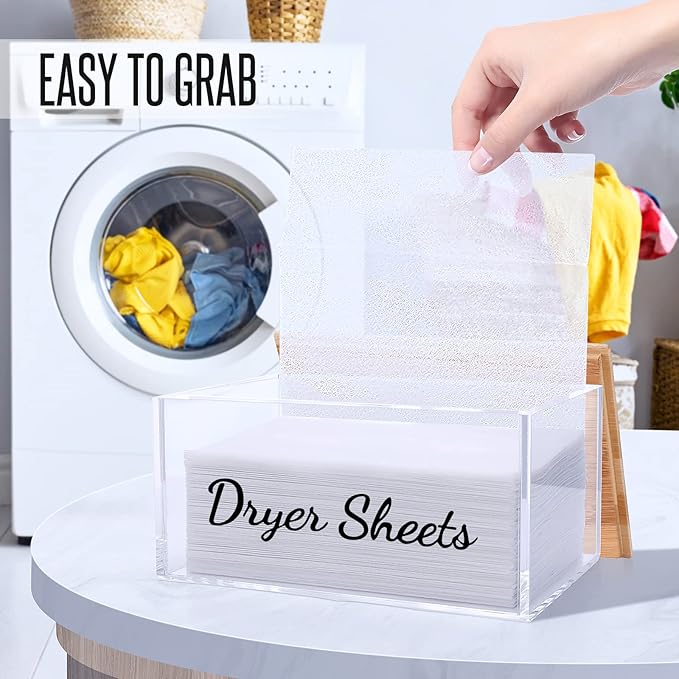 JYPS Clear Acrylic Dryer Sheet Holder with Bamboo Lid & Labels, Fabric Softener Dispenser for Laundry Room Organization Decor, Bathroom Storage Container Box, for Scent Booster,Powder,Pods