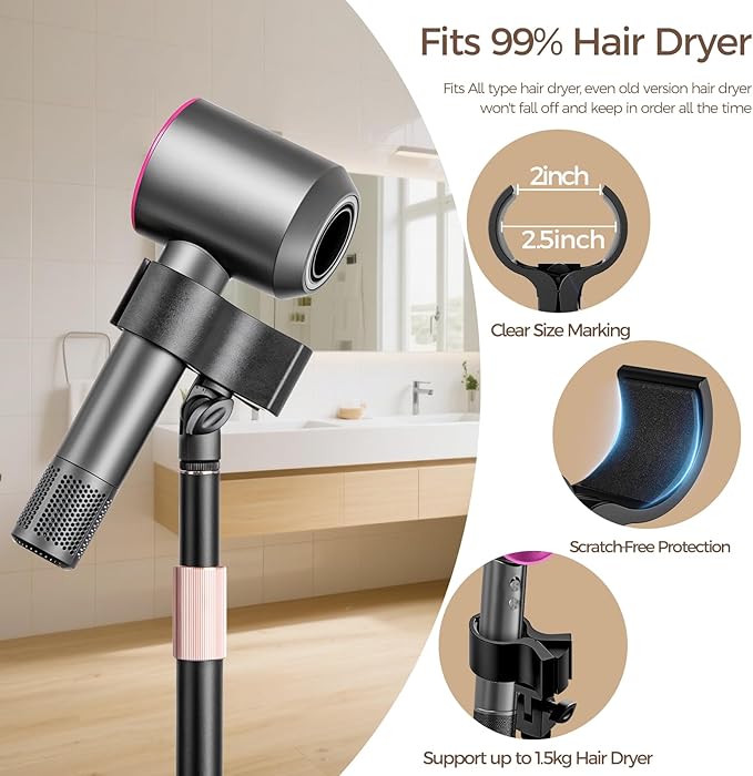Hair Dryer Stand, 1.68M Height Adjustable Blow Dryers Holder, Ultra Stable Holder with 360° Rotating, Universal Clips, Work with All Dryer, Floor Dryer Stand for Salons or Home Use