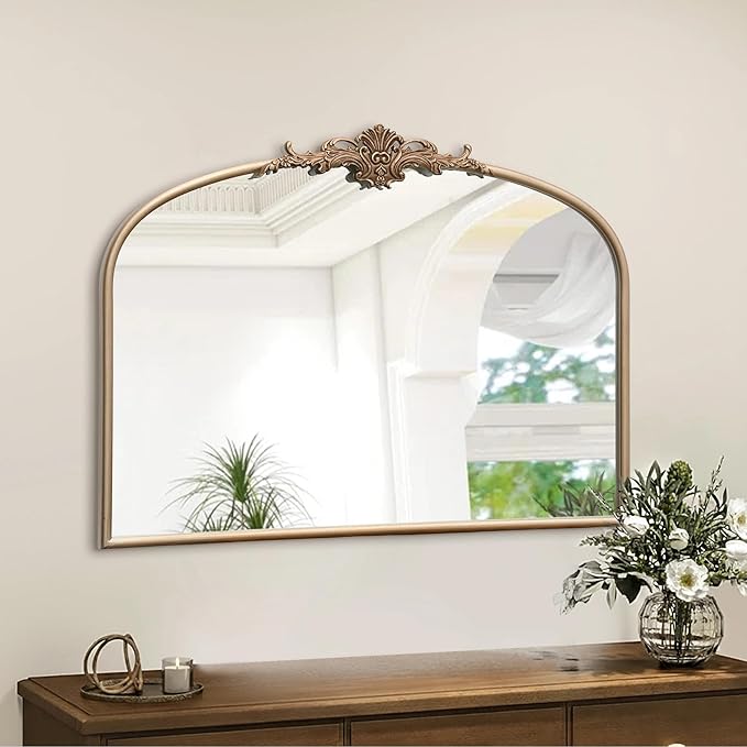 Besdomus Arched Vintage Gold Mirror: 32"x24" Large Champagne Gold Antique Wall Mounted Mirror - Baroque Traditional Ornate for Fireplace/Bathroom/Living Room - Wall Decor for Fashion-Conscious