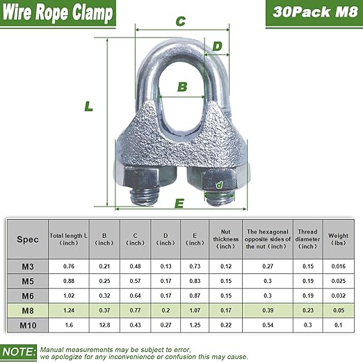 30PCS 5/16" M8 Zinc-Plated Wire Rope Clamps – Heavy Duty U-Bolt Cable Clips (Silver)