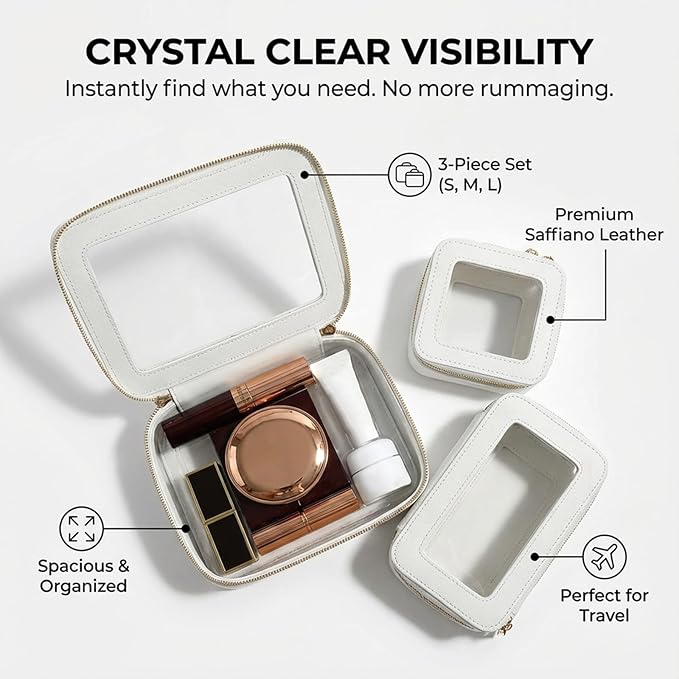 Makeup Bag | Transparent Toiletry Bag | Portable Waterproof Makeup Storage Bag | Travel-Specific Skincare Storage Bag | 2 Sets, L+M+MINI (White+Black)