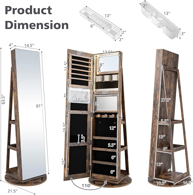 Mirror Jewelry Cabinet Standing with Full Length Mirror, 360° Swivel Jewelry Armoire with 3-Color LED Lights & Foldable Makeup Shelf, Lockable Organizer for Women, Space-Saving (Rustic Brown)