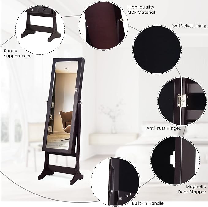 COSTWAY Standing Mirror Jewelry Cabinet, Large Storage Jewelry Organizer w/Full Length Mirror, 4 Adjustable Angles & 2 LED Lights, Lockable Jewelry Armoire for Women Girls, Brown