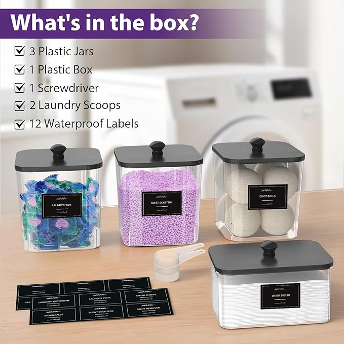 3+1 Pack Clear Laundry Pods Container & Dryer Sheet Holder, Plastic Square Laundry Room Organization and Storage Jars with Black Lids, Scoops & Labels for Detergent, Powder, Dryer Balls