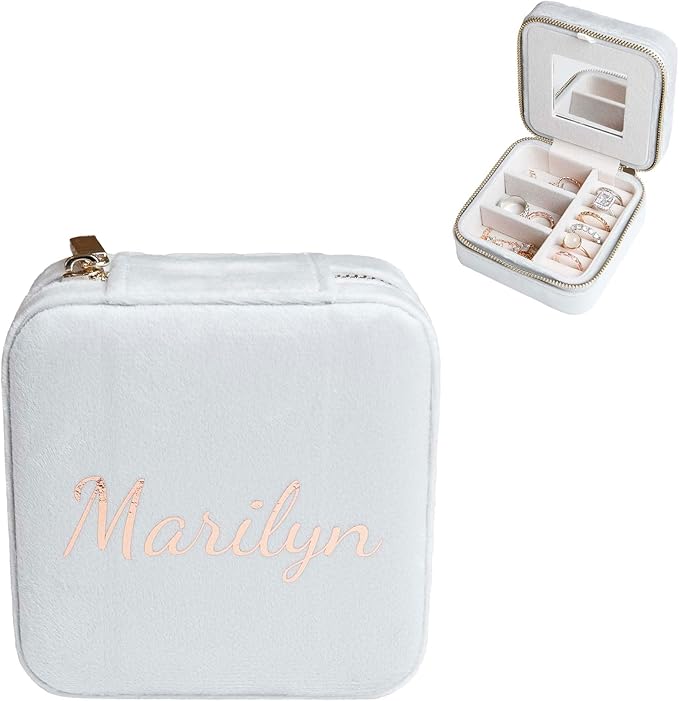 Customizable Compact Velvet Jewelry Box with Mirror, Travel Jewelry Case, Travel Jewelry Organizer, Jewelry Box for Women and Girls, Small Jewelry Organizer (Center Text, Milky Gray)