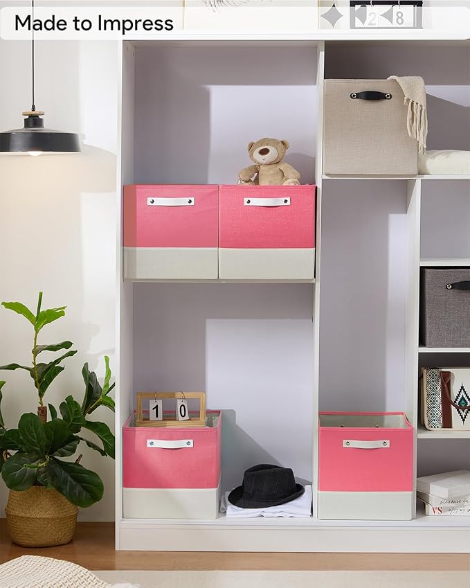 Storage Cube Bins | 7.7 oz/yd² Fabric Cubby Organizer Baskets for Shelf, Closet, Cabinet, Wardrobe | KALLAX Shelving Unit Insert Drawer | 4 Pack, Pink & White, 13x15x13 Inch
