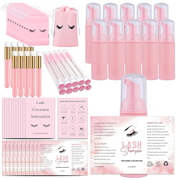 60PCS Lash Shampoo Bottles and Brushes Set, 10pcs Foam Pump Dispenser, Lash Cleaning Brush, Eyelash Extension Tube Brush, Instructions Cards, Bags, Lash Shampoo Stickers for Business Clients (B-pink)