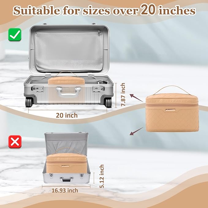 Dajasan Makeup Bag Cosmetic Bag, Travel Makeup Bag, Large Capacity Makeup Organizer Bag, Portable Travel Toiletry Bag for Women Girls, PU Leather Waterproof 11.81 x 6.7 x 7.09 Inch (Khaki)