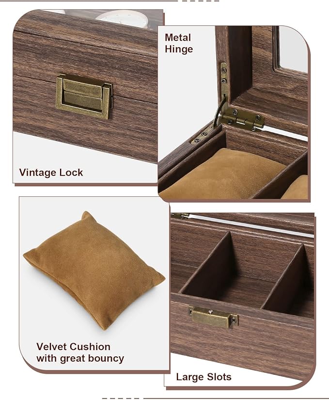 Uten Watch Box 6 Slots, Watch Case Organizer with Real Glass Lid, Wood Grain PU Leather Watch Display Storage Box with Removable Imitation Suede Watch Pillows, Metal Clasp